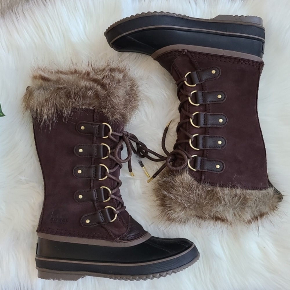 Sorel Joan Of Arctic Faux Fur-Lined Suede Boots Maroon Brown Cattail Womens 7.5
